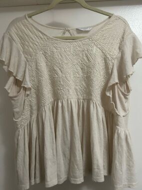 Lucky Brand Cream Embroidered Ruffle Sleeve Peplum Top